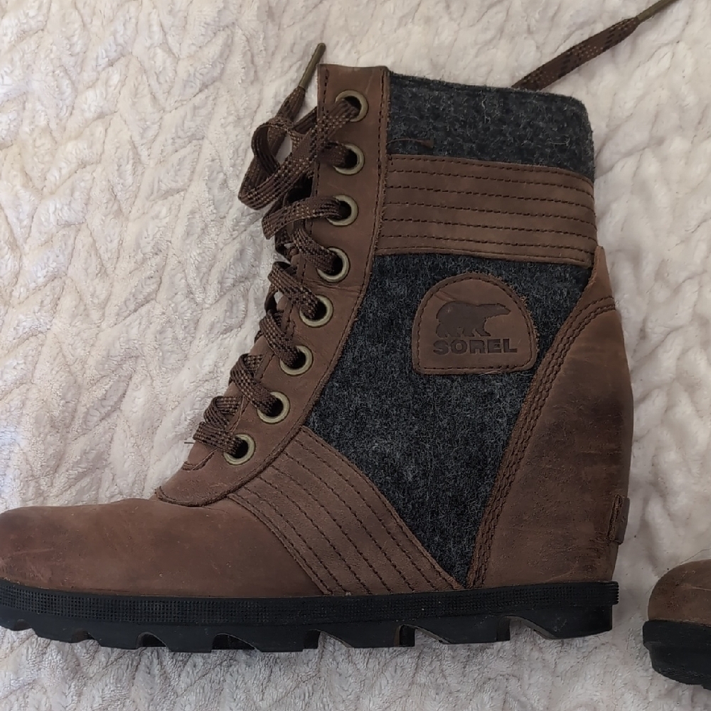 Sorel Brown and Gray Lace Up Boots with Wedge Heel